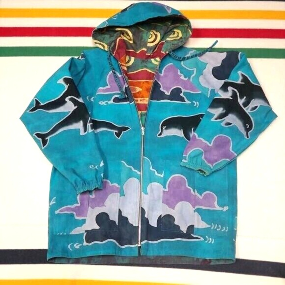 Vintage‎ Reversible Jacket Dolphin Tribal Aztec Hooded Teal 80s 90s Mens XL